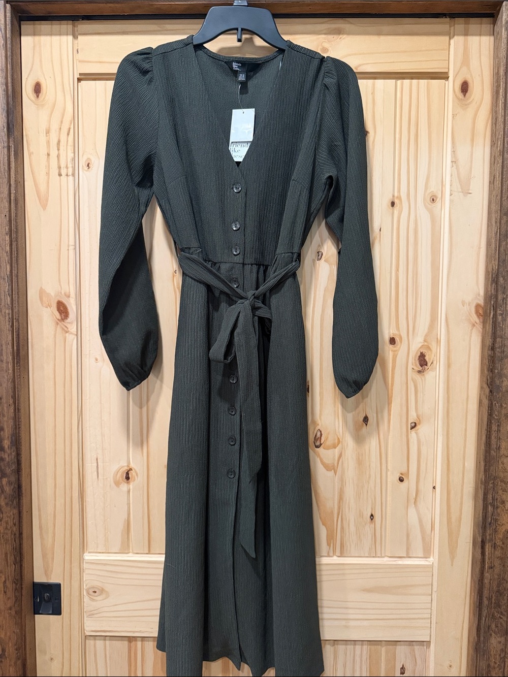 Button-Front Long Sleeve Midi Dress with Tie Waist — Dark Olive